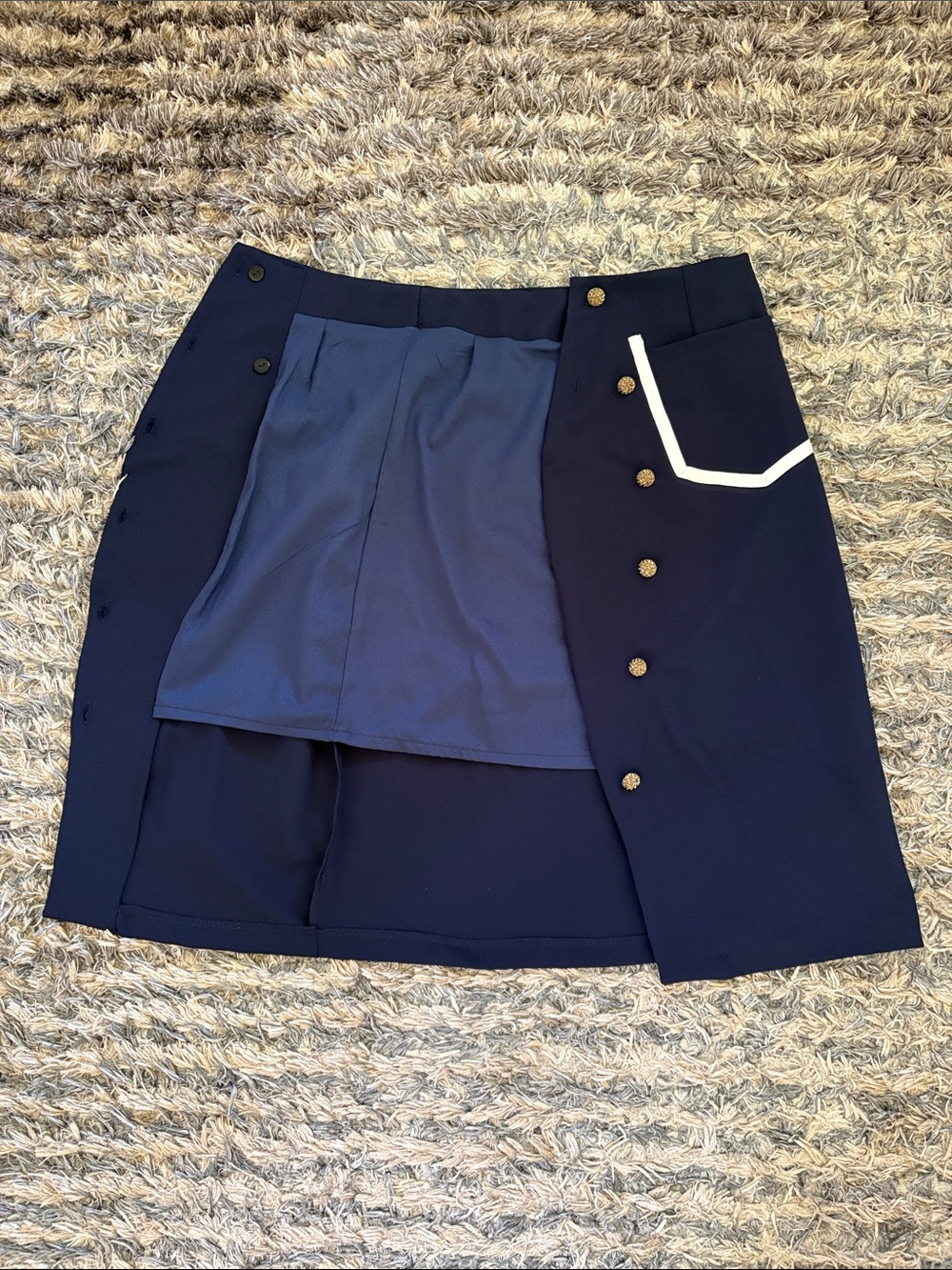 NWOT Asymmetrical Cold Shoulder Top & Button Front Midi Skirt Set Navy White S - Picture 16 of 16